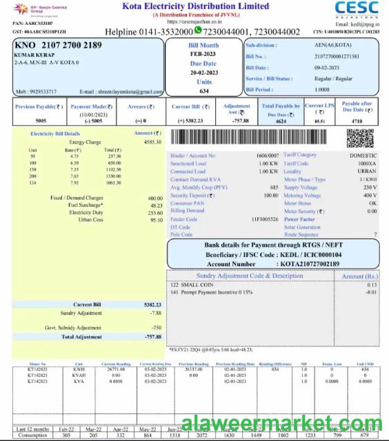 INDIA KOTA ELECTRICITY utiity bill Word and PDF template